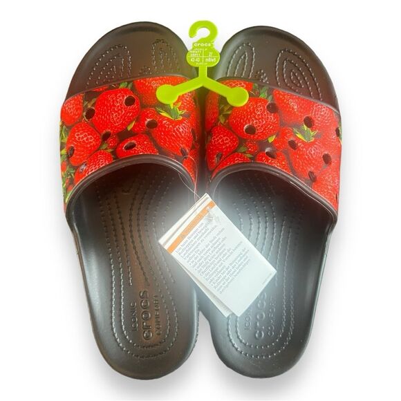 Crocs Classic Hyperreal Slide Sandals Strawberries Black Red Unisex M9/W11 NWT - Picture 1 of 7